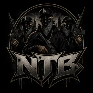 vytvor logo NTB v gangsterskom štyle kde budu traja chalani čo držia zbrane a maju šatky