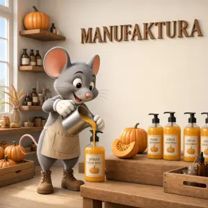 3D kreslená myš v rukavicích a botách dělá tekuté mýdlo dýně,na stěně nápis MANUFAKTURA,POD nápisem není obraz, světlá