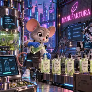 3D kreslená myš vyrábí sprchový gel louka, má modré rukavice a bílé tenisky, na stěně je nápis MANUFAKTURA