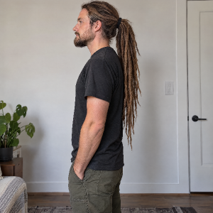 He has his dreadlocks in a ponytail