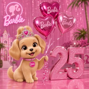 Bibble z Barbie, kdy má na hlavě korunku jako mají princezny, v Ruce 3 helium balonky ve tvaru srdce a vedle číslo 25