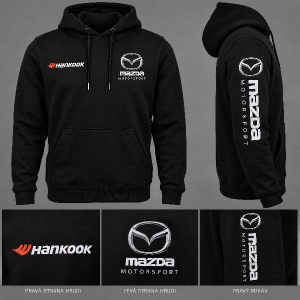 Chci Mazda motorsport na rukáv plus znak Mazda to samé na levou stranu hrudníku logo Hankook na právo