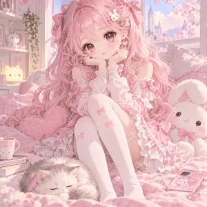Dívčí kawaii obrázek, roztomilý, velké oči, dlouhé světle růžové vlnité vlasy, roztomilé šaty, na nohou nadkolenky.