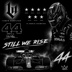 černé logo lewis hamilton, číslo 44, 7 hvězd mistra světa, citát still we rise, možná jeho auto a on v helmě