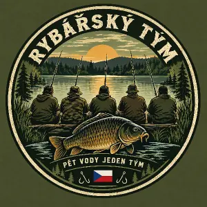 Originální profesionální znak pro tým pěti českých rybářů na army zelené tričko. Kompaktní kruhový vintage outdoor emblé