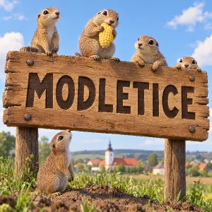 3d kreslená dřevěná cedule, je tam napsáno MODLETICE, na ceduli je několik syslů, jeden žere kukuřici