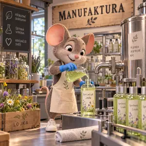 3D kreslená myš vyrábí sprchový gel louka, má modré malé rukavice na rukou a bílé tenisky, na stěně je nápis MANUFAKTURA
