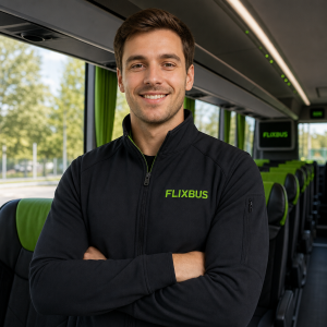 na leve strane na hrudi . napis FLIXBUS