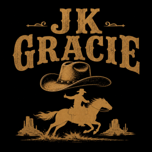 Napis JK GRACIE na zada a pod nej kovbojku ve besternu a kun v běhu jak stopuje a siluetu