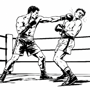 Akční jednoduchá černobílá kresba dvou boxerů v ringu