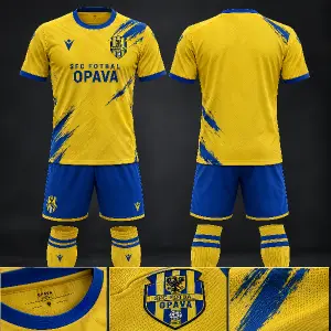 Udělej dres žlutý s nějakýma modrýma přihnána lehce a dej tam Opavu jako SFC FOTBAL a jméno nedávej ani číslo ale udělej