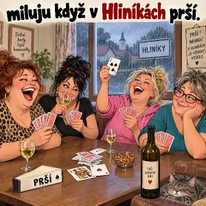 Humorný obrázek čtyř žen u stolu hrající karetní hru prší s textem "miluju když v Hliníkách prší.