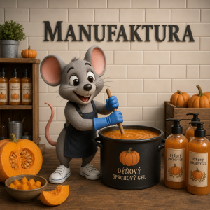 3D kreslená myš děla dýňový sprchový gel má modré rukavice a bílé tenisky,na stěně je nápis MANUFAKTURA,nad ním není nic
