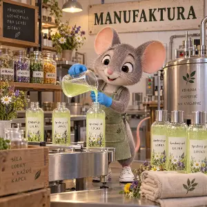 3D kreslená myš vyrábí sprchový gel louka, má modré malé rukavice na rukou a bílé tenisky, na stěně je nápis MANUFAKTURA
