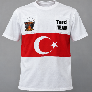 Turecká vlajka přes prsa, na levé straně kapsy nakreslený kotlíkový guláš, na druhé straně napsane: Turci TEAM (pod sebo