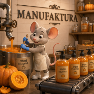3D kreslená myš vyrábí dýňový sprchový gel, má malé modré rukavice a bílé boty,na stěně je nápis MANUFAKTURA