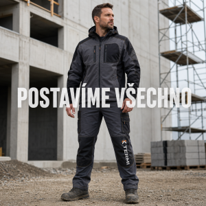 Na pravé nohavici logo firmy TERMI a uprostřed text POSTAVÍME VŠECHNO