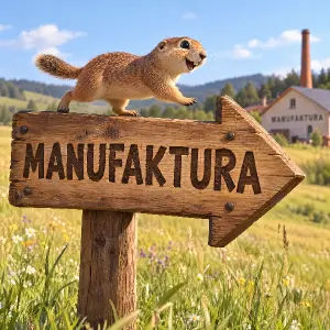 Na poli je 3D kreslená dřevěná cedule se šipkou je tam napsáno MANUFAKTURA, Na ceduli běží sysel