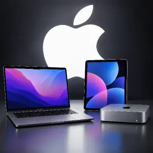 macbook, ipad, mac mini a velké logo apple