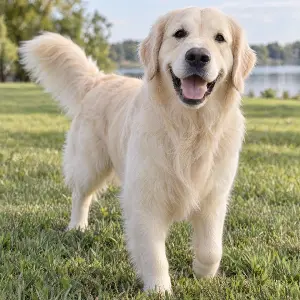 happy creme color golden retriever