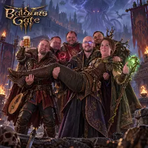 Prosím tě uděláš mi to stylu hry Baldurs gate 3? já sem vlevo dole a kolega za mniu drřží pivo, zachovej to ve stejným rozložení a nech i obličeje originální
