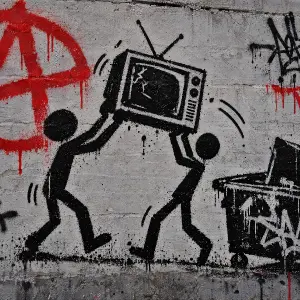 Značka a ktomu dva stickmeni jak podobě hází televizi
