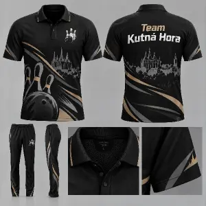 Styl dresu, na zádech nápis Team Kutná Hora, pro bowlingový turnaj, černá barva trika