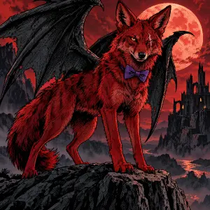 Krvavě rudý kojot s černými dračími křídly, kojot má fialového motýlka pod krkem, kojot má jizvu přes jedno oko, fantasy