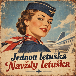 Hlava letušky s lodičkou a šátkem a nápis Jednou letuška Navždy letuška