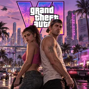 Lucie a Jason z GTA 6 ve městě z GTA 6 a za nimi to logo GTA 6