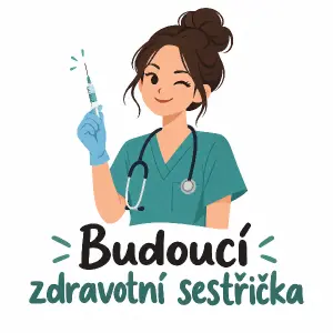 Nápis Budoucí zdravotní sestřička a obrázek jak drží zdravotní sestra v ruce injekci