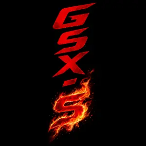 Nápis Gsx-s v červené barvě svisle a poslední pismeno s v plamenech