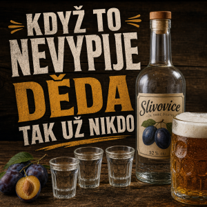 Text:KDYŽ TO NEVYPIJE DĚDA TAK UŽ NIKDO
panáky, láhev slivovice, pivo