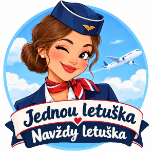 Hlava letušky s lodičkou a šátkem a nápis Jednou letuška Navždy letuška