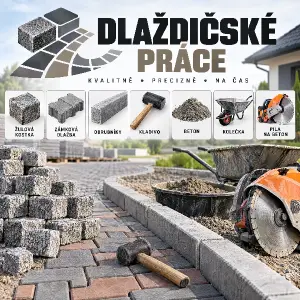 Firma na dlaždičské práce. Žulová kostka, zámková dlažba, obrubník, kladivo, beton, kolečka, pila na beton