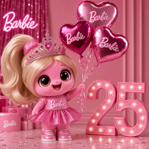Bibble stvoreni z Barbie, kdy má na hlavě korunku , v Ruce 3 helium balonky ve tvaru srdce a vedle číslo 25