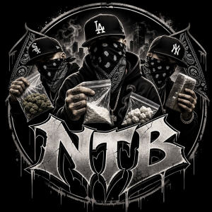 Vytvor logo NTB v gangserskom štýle a budú tam traja chalani ako držia drogy a nech ty chalani majú šatky a šiltovky
