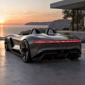 Futuristický elektrický dvoumístný supersportovní roadster, skryté světlomety, světelný pruh přes celou zadní část, hlad