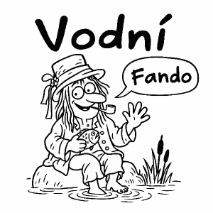 Ať je tam vtipný vodník (jak kresba v malování, jednoduchá, vtipná, černě na bílém) a nápis: Vodní a říká mi Fando
