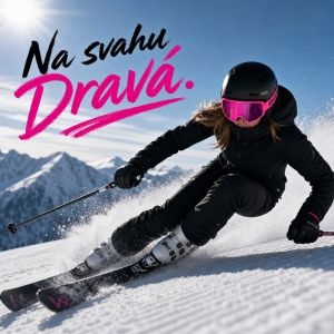 lyžařka na horách, bílé lyžáky, černé oblečení, brýle růžové obruba slogan Na svahu Dravá. udělj, že lyžuje