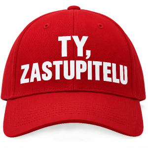 Přesně uprostřed nad kšiltem, velkým tiskacím text TY, ZASTUPITELU