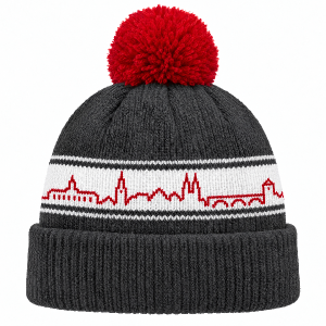 Opravený prompt (anglicky, generátory angličtině rozumí líp):
Product photo of a knitted cuffed beanie with a red pom-pom, front view, plain light background.
Dark anthracite grey knit. A WIDE white knitted band around the middle, about one third of the hat height,
with thin dark grey lines above and below it.
Inside the white band, a thin red single-line city skyline outline (like a jacquard knit line drawing), from left to right:
a low wide town hall with a small spire, a slim church tower w
