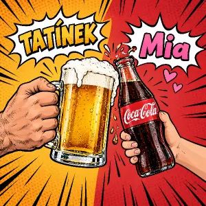 Ruka v LEvo jak drží pivo a v právo ruka jak drží Coca colu u toho piva nápis tatínek a u Coca coli nápis Mia