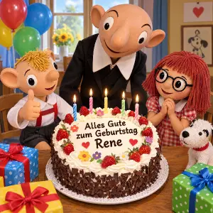 hurvínek spejbl a mánička a dort: napsano Alles Gute zum Geburtstag Rene