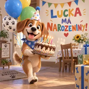 3D kreslený pes je na narozeninách,nese dort a balonky, na stěně je napsáno LUCKA MÁ NAROZENINY! Méně růžové