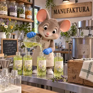 3D kreslená myš vyrábí sprchový gel louka, má modré malé rukavice na rukou a bílé tenisky, na stěně je nápis MANUFAKTURA