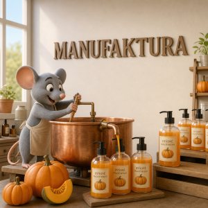 3d kreslená myš vyrábí tekuté mýdlo dýně, na steně je nápis MANUFAKTURA, pod nápisem není obrazec místnost světlá