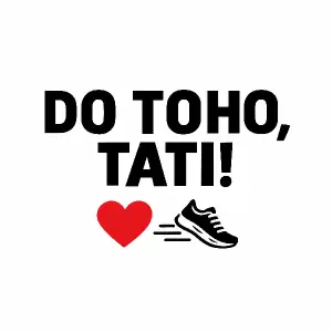 Uprostřed napis DO TOHO, TATI! Emotikon srdíčka a teniska na běhání. Nápis černý a srdíčko červené