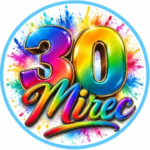 kruhový obrázek 30 v popředí přes číslovku Velký nápis "Mirec" kurziva Psací font vse barevný okraj světle modrý