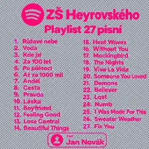 Pryč pozadí a ať je to playlist 27 písní jenom název a jméno žáka a název palylistu je ZŠ Heyrovského